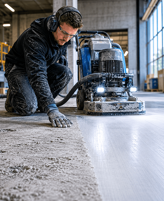 Specialist controleert betonnen vloer tijdens beton schaven
