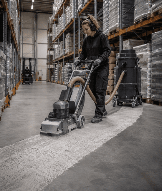 Beton schaven in magazijn met stellingen en opslagruimte